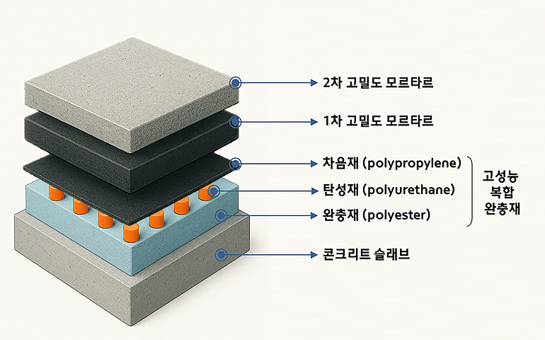 2차 고밀도 모르타르 1차 고밀도 모르타르 차음재 (polypropylene) 탄성재 (polyurethane) 완충재 (polyester) 고성능 복합 완충재 콘크리트 슬래브